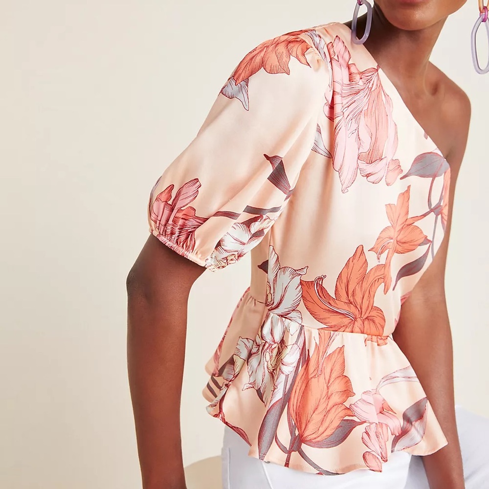 NEW anthropologie dRa One-Shoulder Floral Peplum Blouse -size Large
